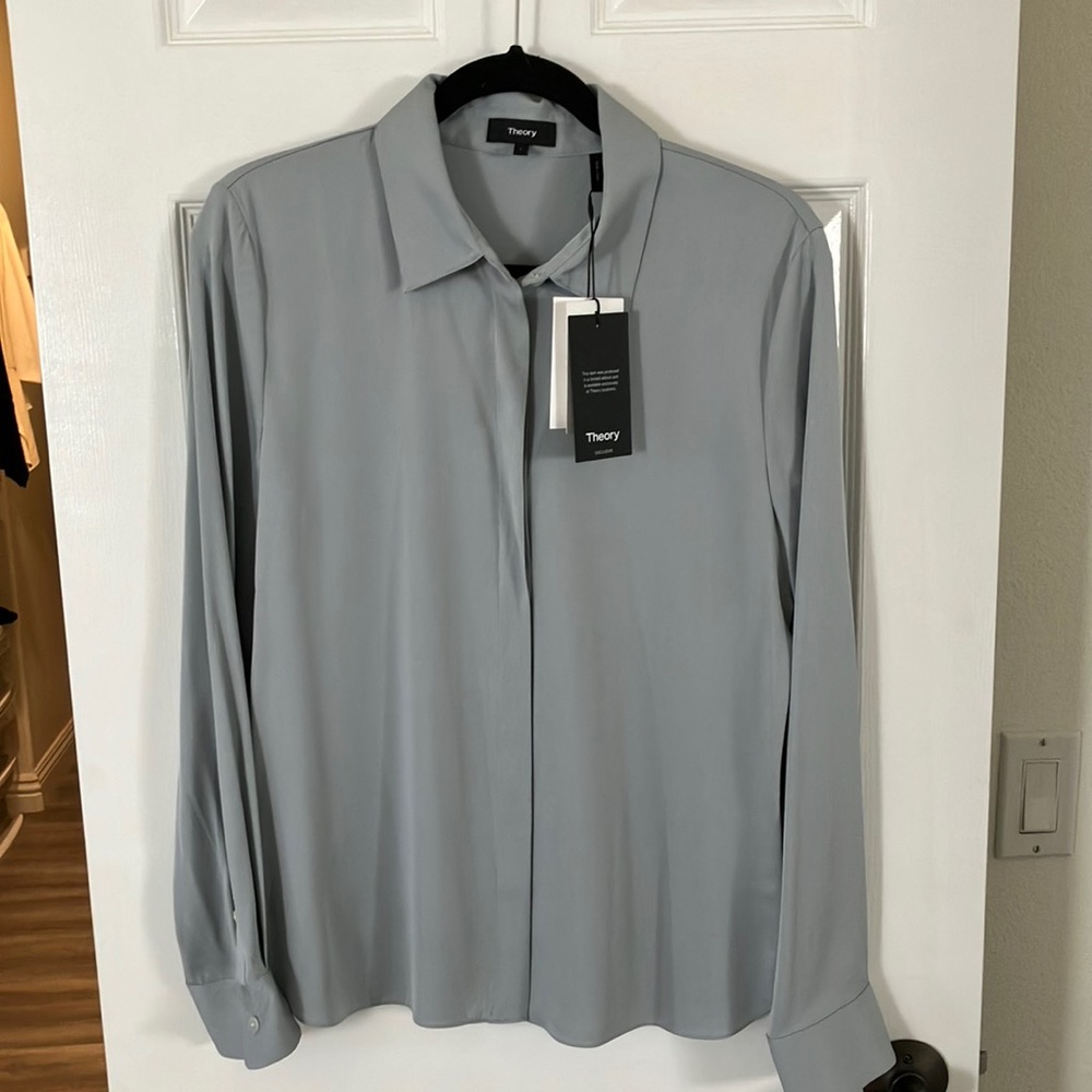 Theory Light Grey Silk Button up Size L